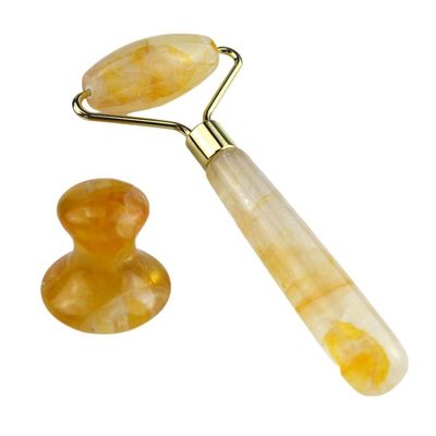 128*58mm Yellow Citrine Roller Real Natural Stone Facial Massager Ice Face Roller Welded Smooth Massage Area
