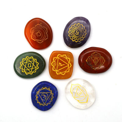 Engraved Carving Polished Palm Pocket Stone Reiki Balancing Healing Crystal 7 Chakra Stones Sets for Love Theme