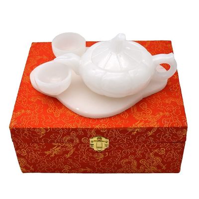 Polished White Jade Tea Top Carving Craft in Chinese Style for High Class Home Decor