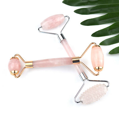 Customized Logo Availabled Natural Rose Quartz Gold Handle Facial Jade Roller Pink Crystal Massager For Skin Beauty Treatment