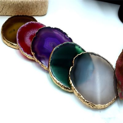 Oval Polished Natural Crystal Agate Slices Gold Rim Agate Coaster with MASCOT Theme Oval Shape Oval Design Oval