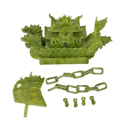 Crafted 28cm Chinese Good Luck Decoration Jade Stone Craft Dragon Boats for Ornament/Gift