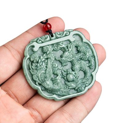 Love Theme Natural Jadeite Necklace Pendant in Feng Shui Style with Auspicious Dragon and Phoenix