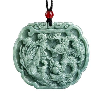 Love Theme Natural Jadeite Necklace Pendant in Feng Shui Style with Auspicious Dragon and Phoenix