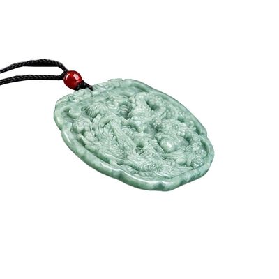 Love Theme Natural Jadeite Necklace Pendant in Feng Shui Style with Auspicious Dragon and Phoenix