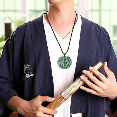 Love Theme Natural Jadeite Necklace Pendant in Feng Shui Style with Auspicious Dragon and Phoenix