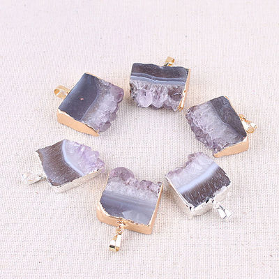 Feng Shui Natural Druzy Quartz Agate Amethyst Necklace with Gold Plated Pendant and Crystal Stones