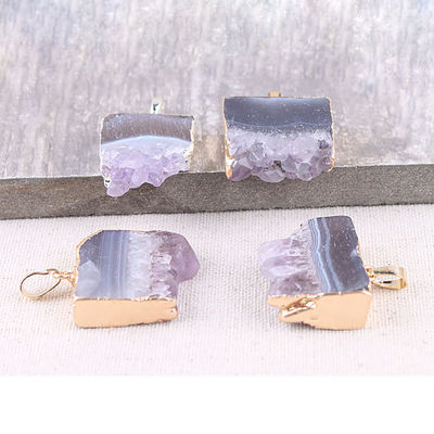 Feng Shui Natural Druzy Quartz Agate Amethyst Necklace with Gold Plated Pendant and Crystal Stones