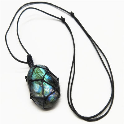 Moonstone Necklace with Irregular Jade Carved Pendant Hand Knitted and Design Moon Charm Pendants