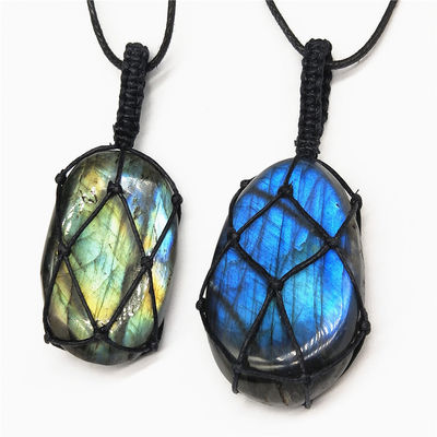 Moonstone Necklace with Irregular Jade Carved Pendant Hand Knitted and Design Moon Charm Pendants