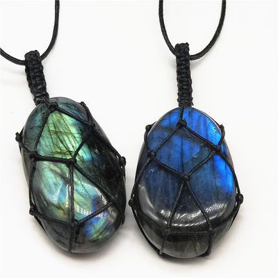 Moonstone Necklace with Irregular Jade Carved Pendant Hand Knitted and Design Moon Charm Pendants