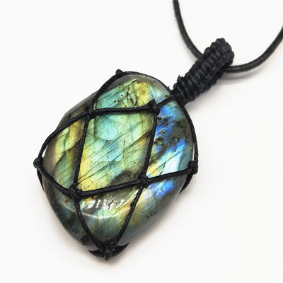 Moonstone Necklace with Irregular Jade Carved Pendant Hand Knitted and Design Moon Charm Pendants