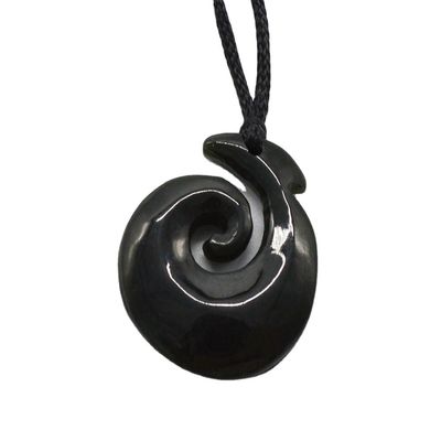 Hook Shaped Nephrite Jade Eternity Twist Pendant with Polished Finish and Zealand Maori Koru Carving