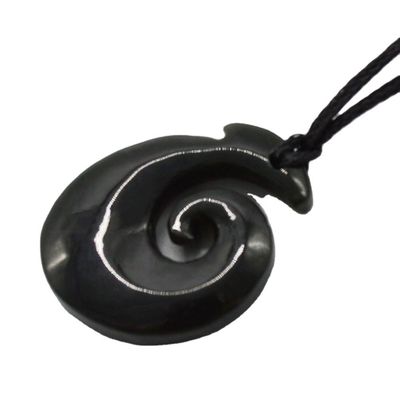 Hook Shaped Nephrite Jade Eternity Twist Pendant with Polished Finish and Zealand Maori Koru Carving