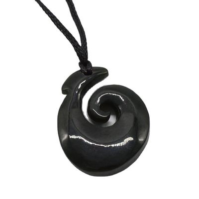 Hook Shaped Nephrite Jade Eternity Twist Pendant with Polished Finish and Zealand Maori Koru Carving