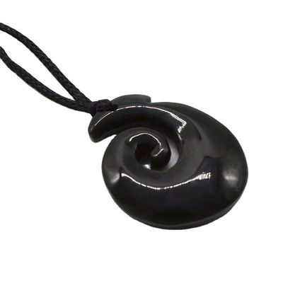 Hook Shaped Nephrite Jade Eternity Twist Pendant with Polished Finish and Zealand Maori Koru Carving