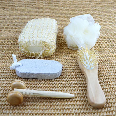 Body Cleaning Wooden Bath Set with Hair Brush Pumice Stone Bath Pouf Sisal Sponge Massager 6Pcs Spa Bath Beauty Gift Set