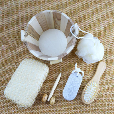 Body Cleaning Wooden Bath Set with Hair Brush Pumice Stone Bath Pouf Sisal Sponge Massager 6Pcs Spa Bath Beauty Gift Set