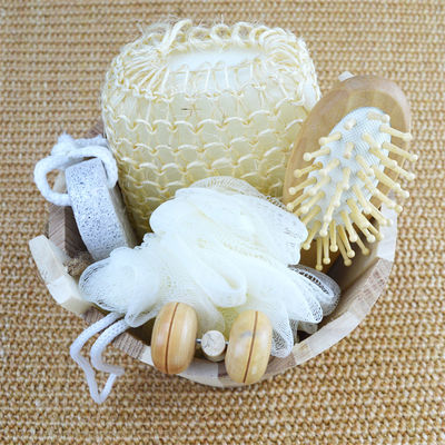 Body Cleaning Wooden Bath Set with Hair Brush Pumice Stone Bath Pouf Sisal Sponge Massager 6Pcs Spa Bath Beauty Gift Set