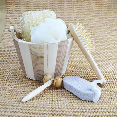 Body Cleaning Wooden Bath Set with Hair Brush Pumice Stone Bath Pouf Sisal Sponge Massager 6Pcs Spa Bath Beauty Gift Set