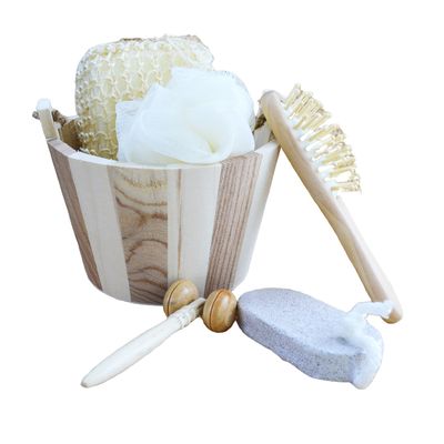 Body Massager Set Barreled Bath Five-piece with Pumice Stone Facial Massager Shampoo Comb Toilet Sponge and Shower Pouf