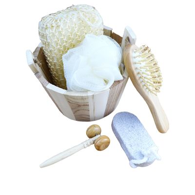 Body Massager Set Barreled Bath Five-piece with Pumice Stone Facial Massager Shampoo Comb Toilet Sponge and Shower Pouf