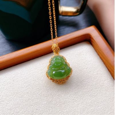 925 Silver Inlaid Green Nephrite Jade Laughing Buddha Necklace Pendant with Crystal Stones and Small Size