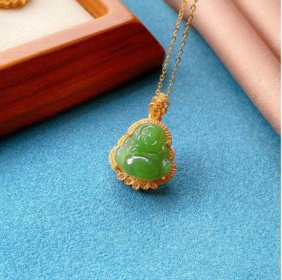 925 Silver Inlaid Green Nephrite Jade Laughing Buddha Necklace Pendant with Crystal Stones and Small Size