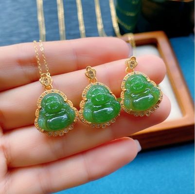 925 Silver Inlaid Green Nephrite Jade Laughing Buddha Necklace Pendant with Crystal Stones and Small Size