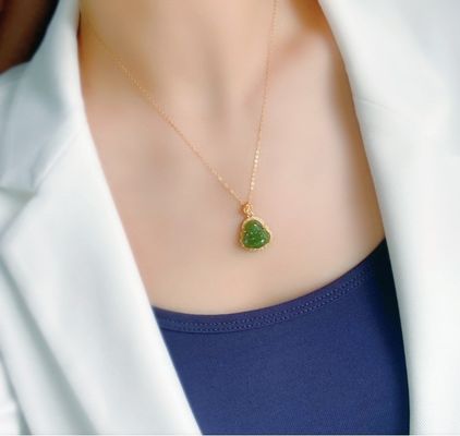 925 Silver Inlaid Green Nephrite Jade Laughing Buddha Necklace Pendant with Crystal Stones and Small Size