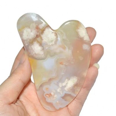 Cherry Blossom Agate Heart Shape Gua Sha Board Skin Care Massage Tool for Infrared Physiotherapy