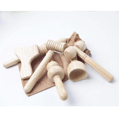 Brown Solid Wood Mini Massager Roller Massage Stick With Handle Six-piece Set Guasha Body Self Health Skin Care Tool Spa