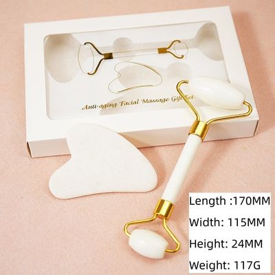 Customized Logo Availabled White Jade Roller And Guasha Set For Facial Gua Sha Massage With Gift Box For Body Muscles