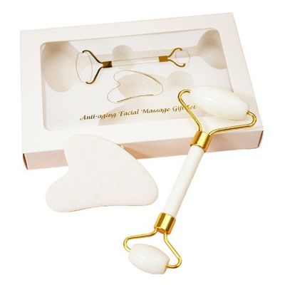 Customized Logo Availabled White Jade Roller And Guasha Set For Facial Gua Sha Massage With Gift Box For Body Muscles