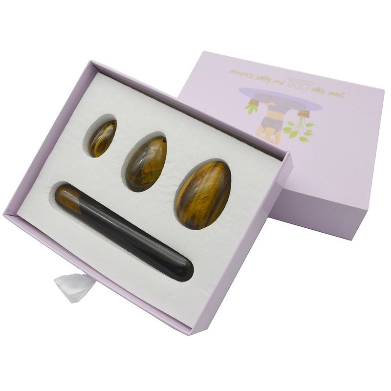 4pcs Tiger Eye Drilled Yoni Eggs And Wands Set With Box Perfect for Holidays and Stone Carving Statue Collection