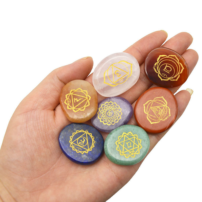 Engraved Carving Polished Palm Pocket Stone Reiki Balancing Healing Crystal 7 Chakra Stones Sets for Love Theme