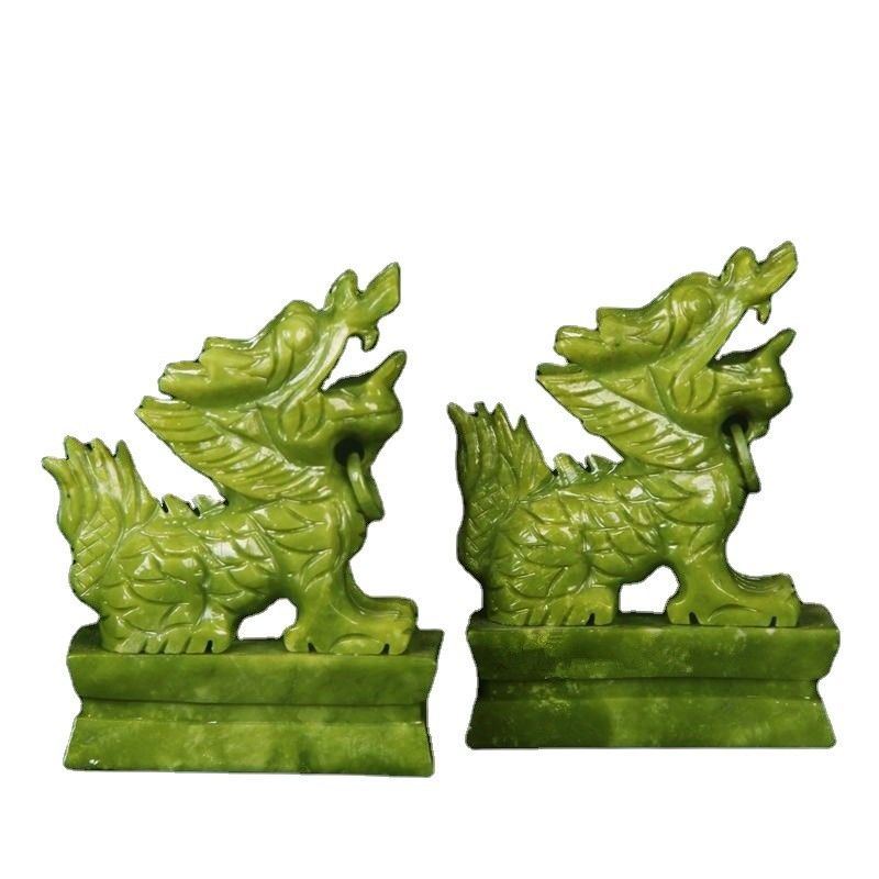Green Gemstone Feng Shui Engraving Figurine Animal Carved Chinese Year Jade Pixiu Statue for Fengshui Pair of Decoration