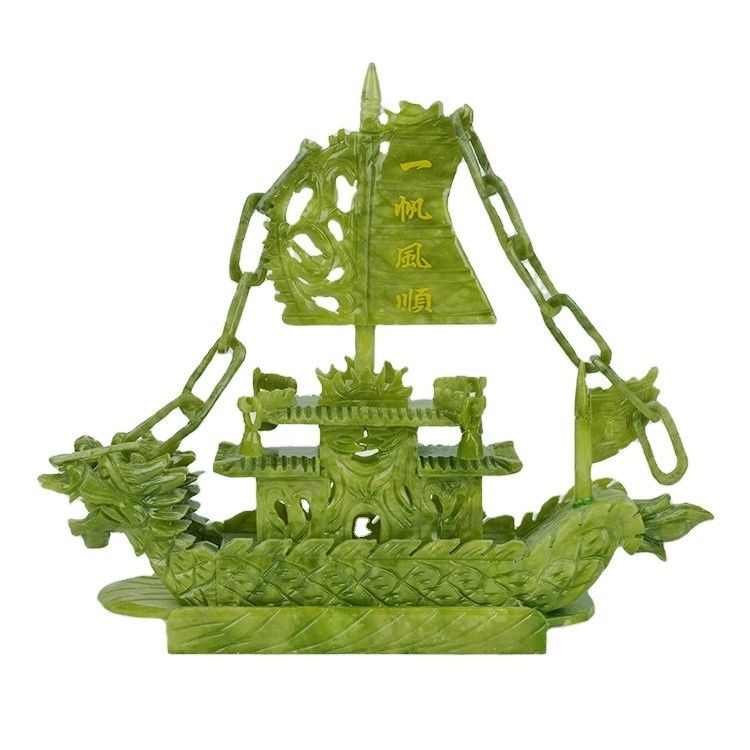 Crafted 28cm Chinese Good Luck Decoration Jade Stone Craft Dragon Boats for Ornament/Gift