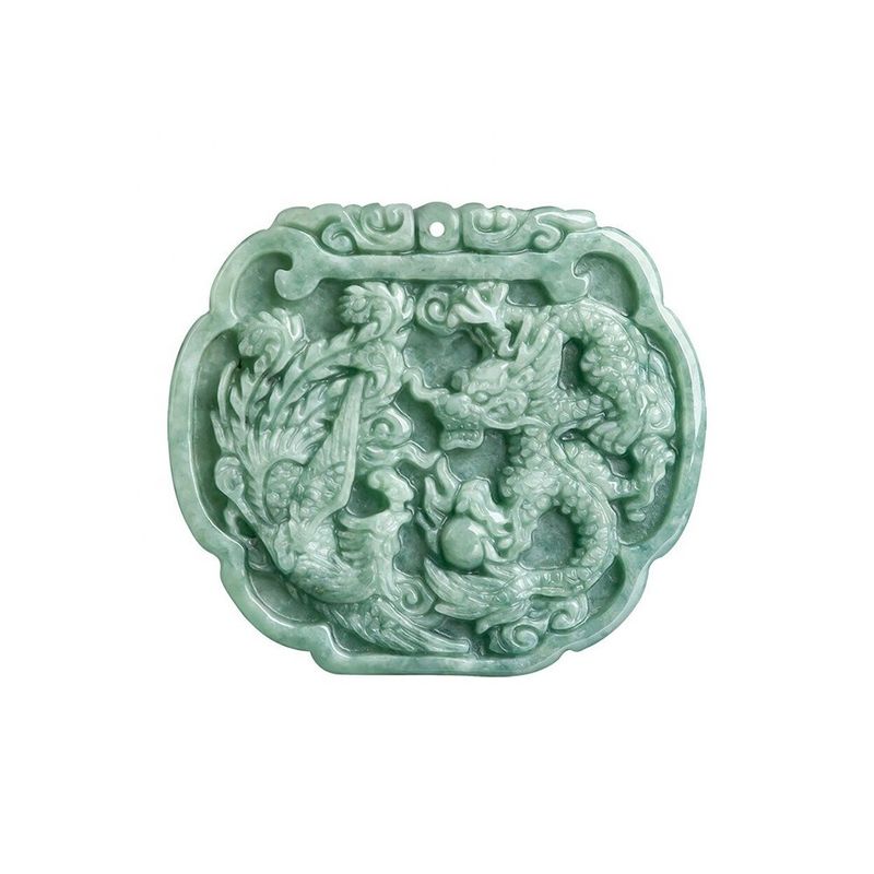 Love Theme Natural Jadeite Necklace Pendant in Feng Shui Style with Auspicious Dragon and Phoenix
