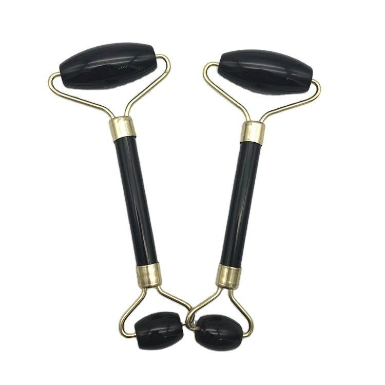 2024 Natural Black Obsidian Gua Sha Jade Facial Guasha Roller Massager for Face and Neck Care Beauty by Silver Metal