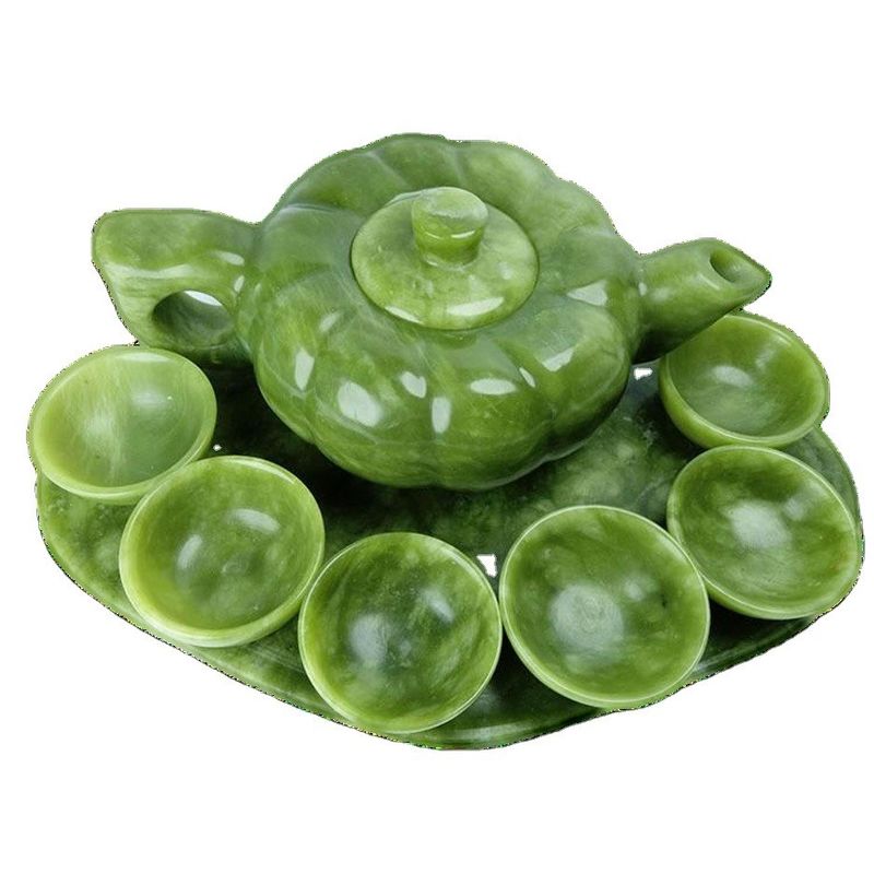 Chinese Traditional Handcraft Jade Teapot Set with 6 Cups and 1 Jade Plate Limited Edition Gemstone Collection