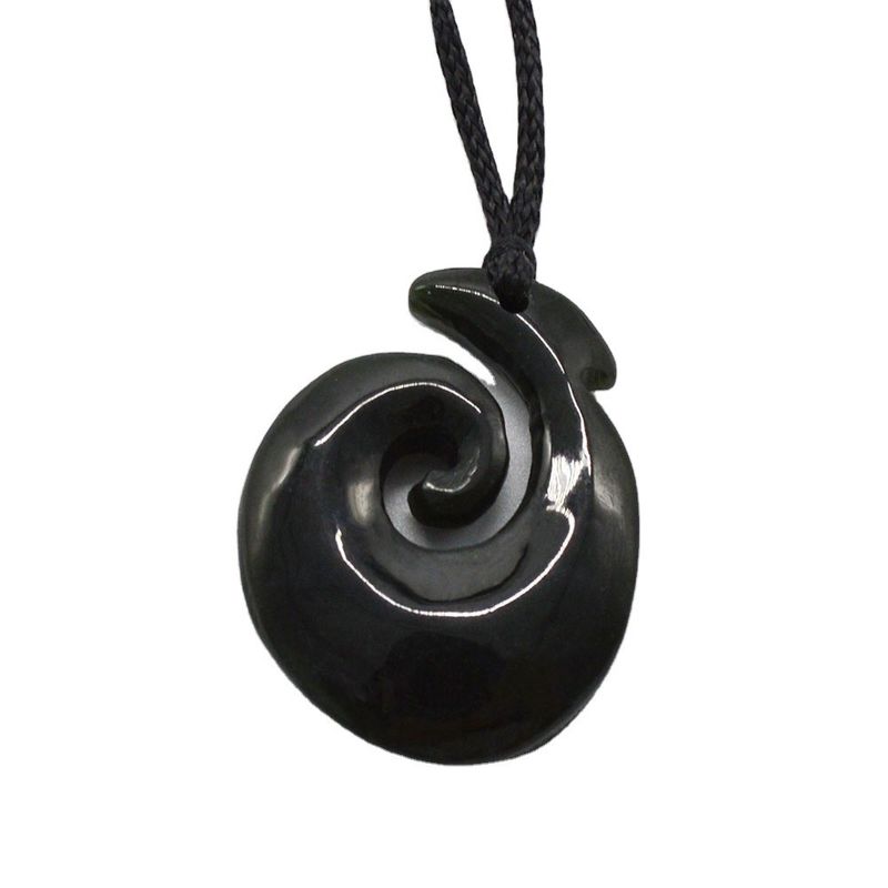 Hook Shaped Nephrite Jade Eternity Twist Pendant with Polished Finish and Zealand Maori Koru Carving