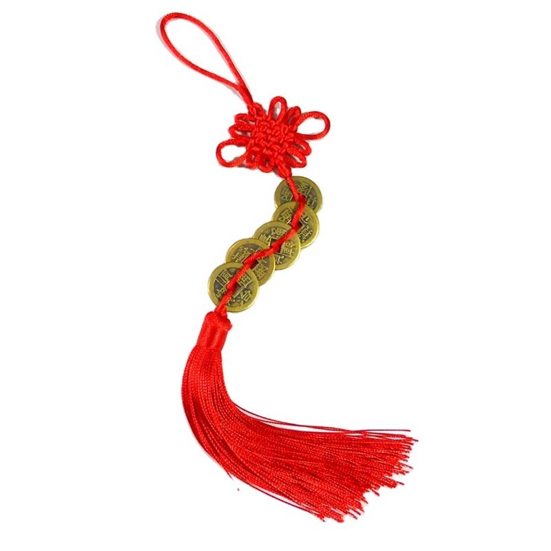 Sandblasting Technique The Chinese Feng Shui Red Knot with Five Ancient Coins A Time-Honored Symbol of Wealth and Health