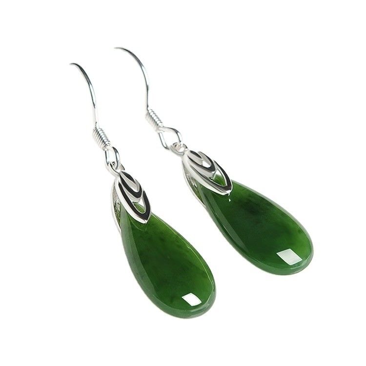 925 Sterling Silver Design Green Nephrite Jade Drop Earrings with Custom Logo Sublimation Printing