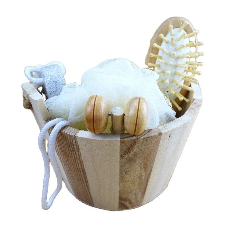 Body Cleaning Wooden Bath Set with Hair Brush Pumice Stone Bath Pouf Sisal Sponge Massager 6Pcs Spa Bath Beauty Gift Set