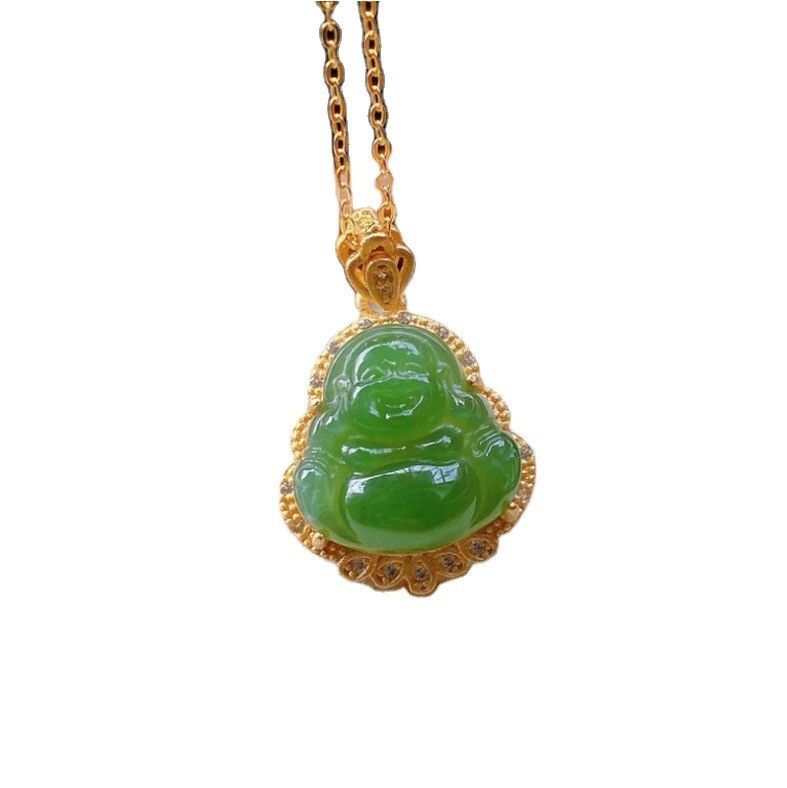 925 Silver Inlaid Green Nephrite Jade Laughing Buddha Necklace Pendant with Crystal Stones and Small Size