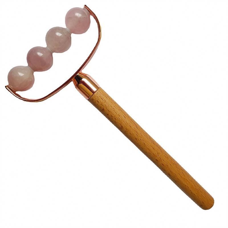 Facial Massager Portable Rose Quartz Single Head Facial Anti Wrinkle Roller Wooden Handle