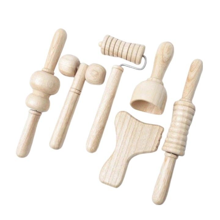 Brown Solid Wood Mini Massager Roller Massage Stick With Handle Six-piece Set Guasha Body Self Health Skin Care Tool Spa