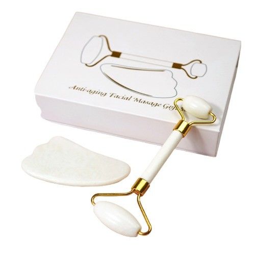 Customized Logo Availabled White Jade Roller And Guasha Set For Facial Gua Sha Massage With Gift Box For Body Muscles