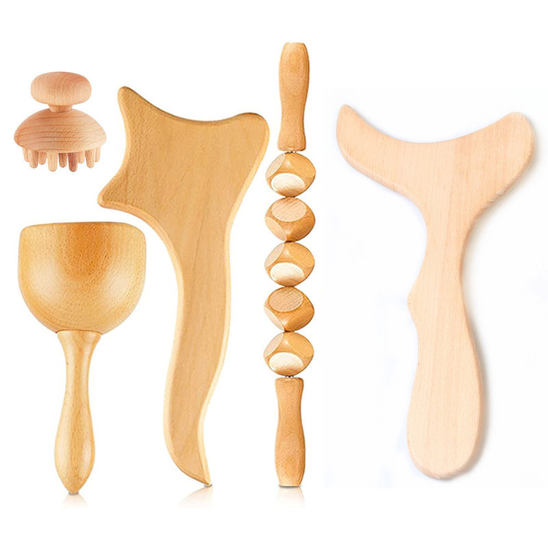 Body Therapy Wooden Muscle Roller Set 5 Pcs Wood Massager for Maderotherapy Anti-Cellulite Lymphatic Drainage Pain Relief